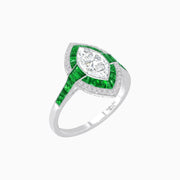 Art Deco Style Marquise Cut Ring with Double Halo Featuring Gemstone and Diamond Halo - Shahin Jewelry